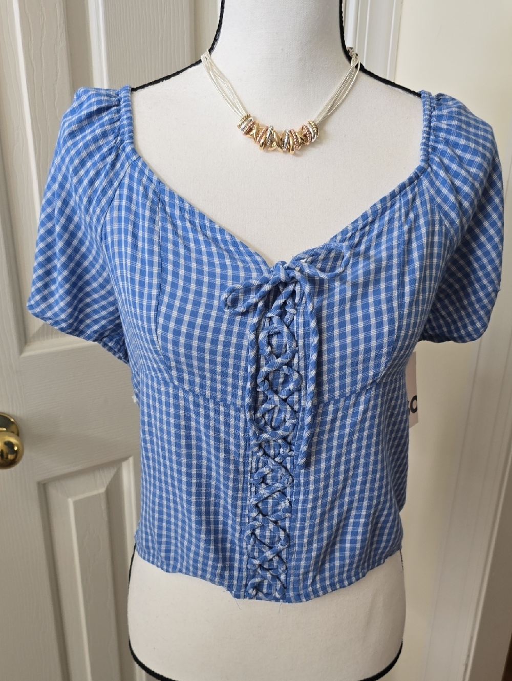 SO BRAND WOMEN'S JUNIORS BLUE AND WHITE GINGHAM SUMMER TOP SIZE XL